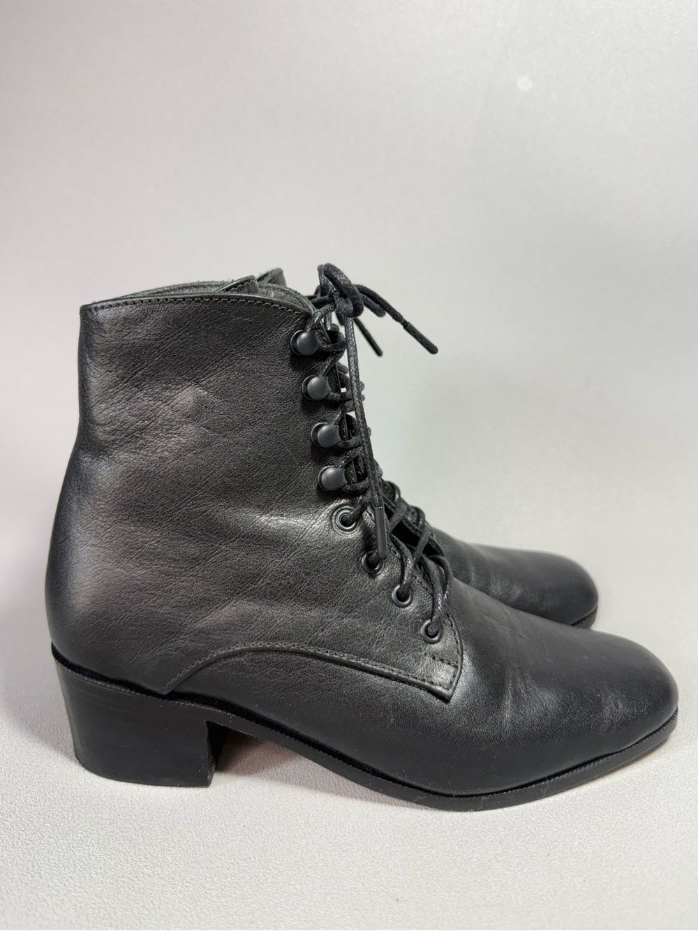 Christy Dawn Black "Dawn Boot" Lace-Up All Leather Ankle Boots